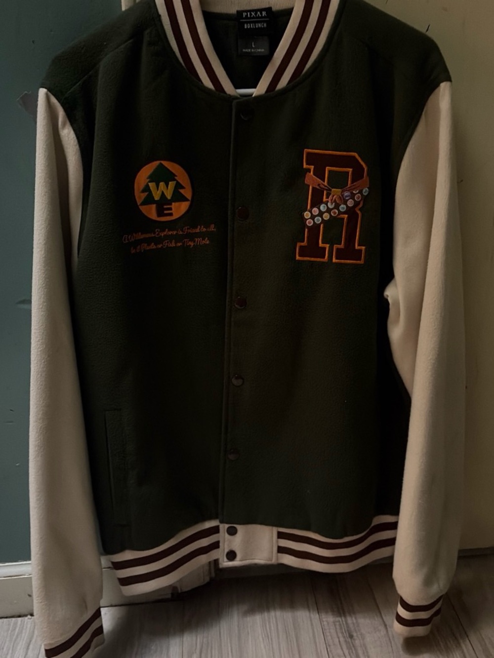 Pixar Olive & Cream Varsity Bomber Jacket